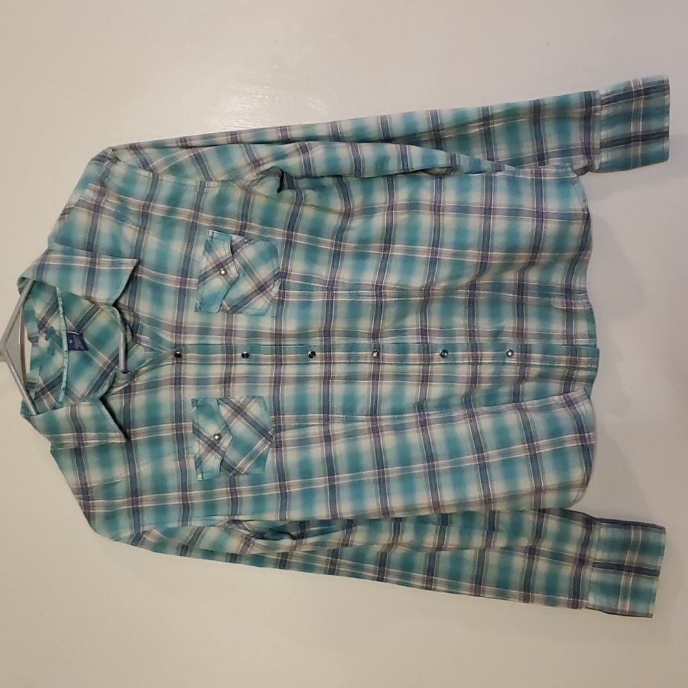 Lilu flannel top women's medium teal white and gray cute